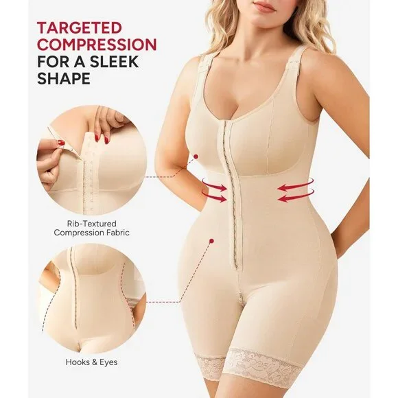 Women's Bodysuit Zipper Crotch Shapewear Control Beige Body Shaper Lifter - Picture 3 of 7